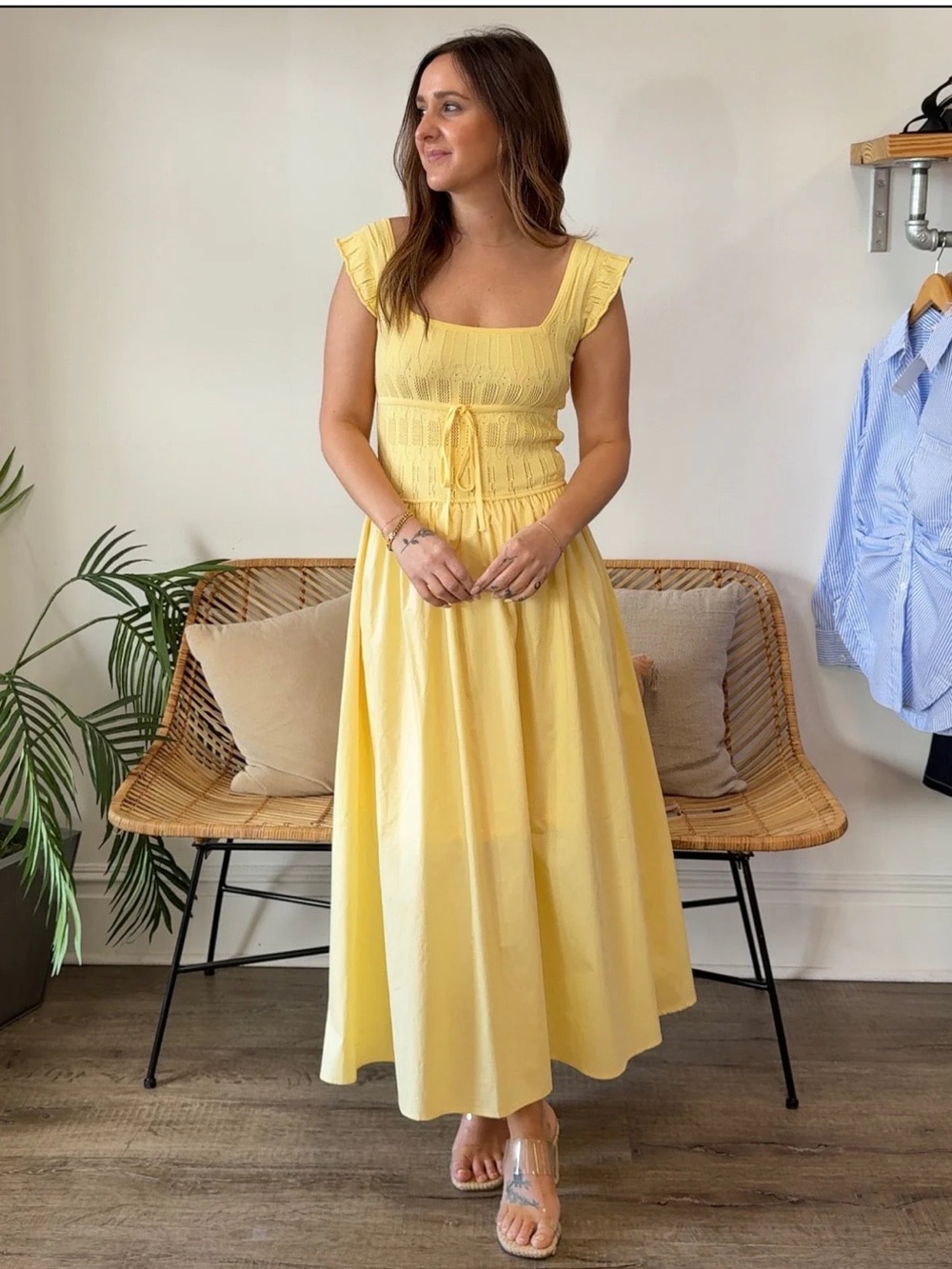 moon river august yellow ruffle knit bodice midi summer sun dress size small NEW - Picture 8 of 8
